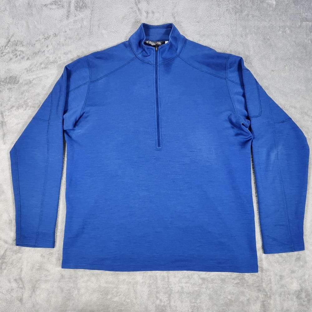 Ibex Pullover Mens XL Blue 1/4 Zip 100% Wool Sleeve Pocket USA Hiking Base Layer
